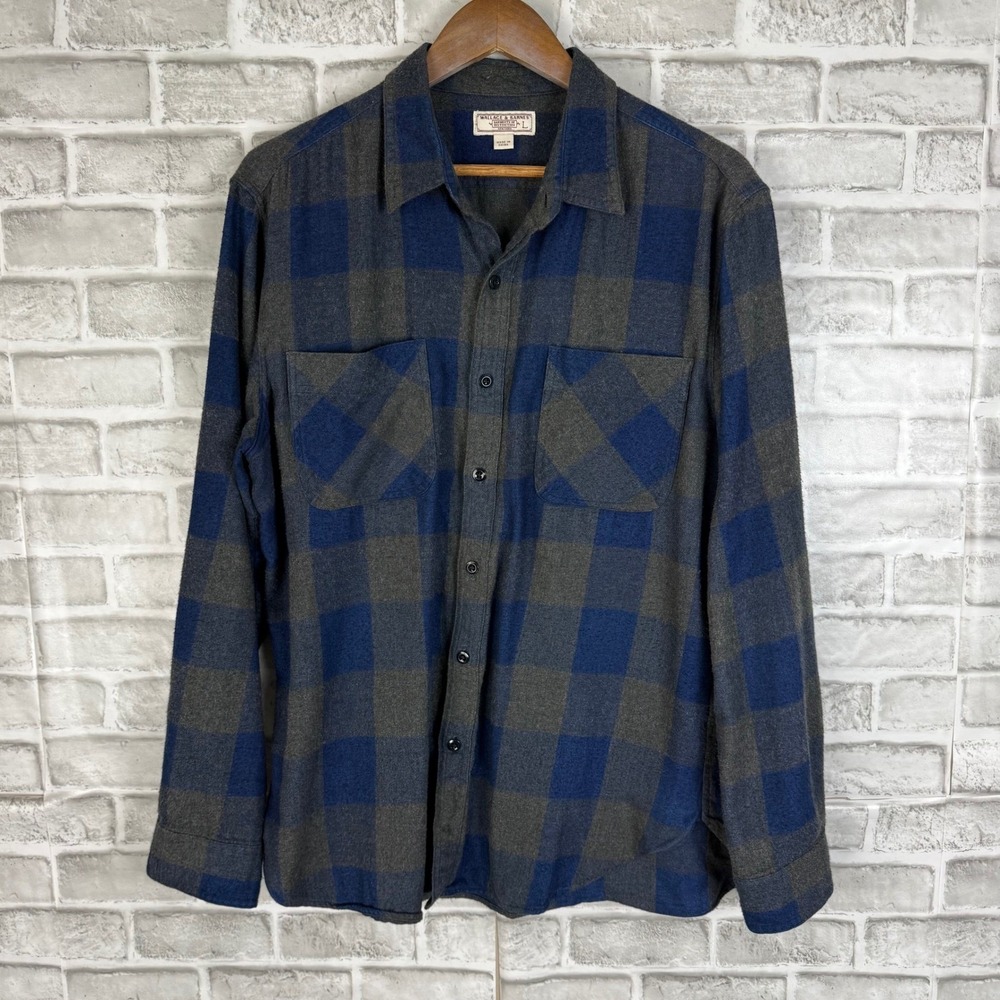 Wallace & Barnes LARGE Navy Blue Grey Buffalo Check Flannel Button Down Shirt